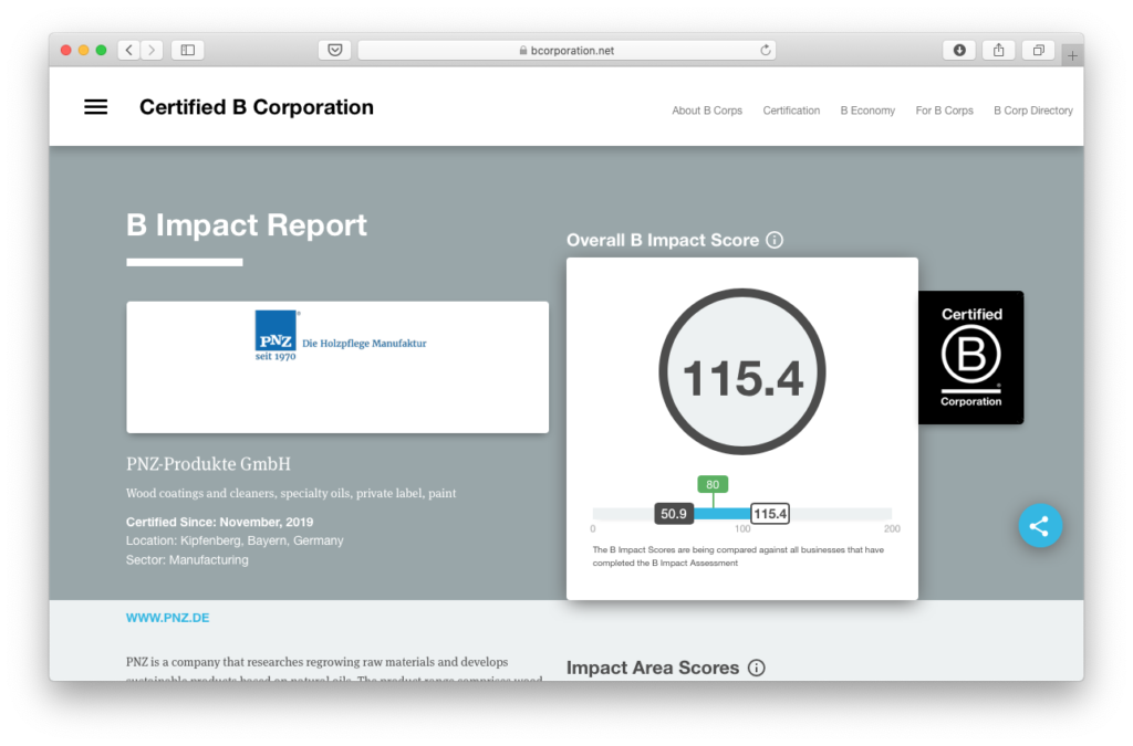 Der öffentlich zugängliche B Impact Report von PNZ auf der B Corporation-Webseite